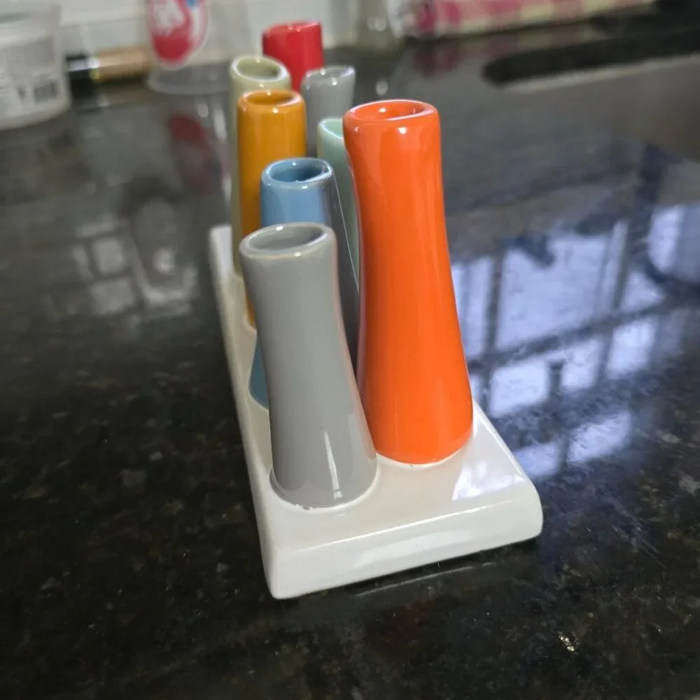 Chive Pooley ceramic bud free stand vase featuring 8 colorful tubes 7.5x3x4.5